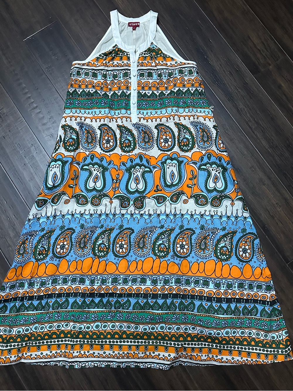 STAUD Sleeveless Printed Maxi Dress in Teal, Mustard & White - Picture 9 of 9